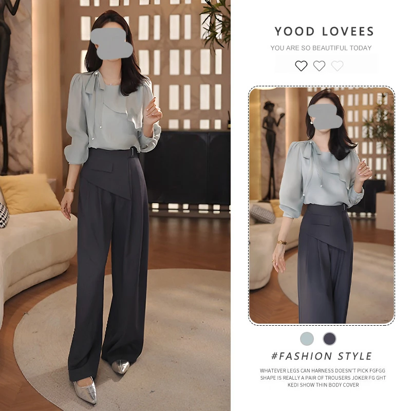 小香风套装2025法式别致圆领蝴蝶结衬衫上衣高腰拖地阔腿裤两件套