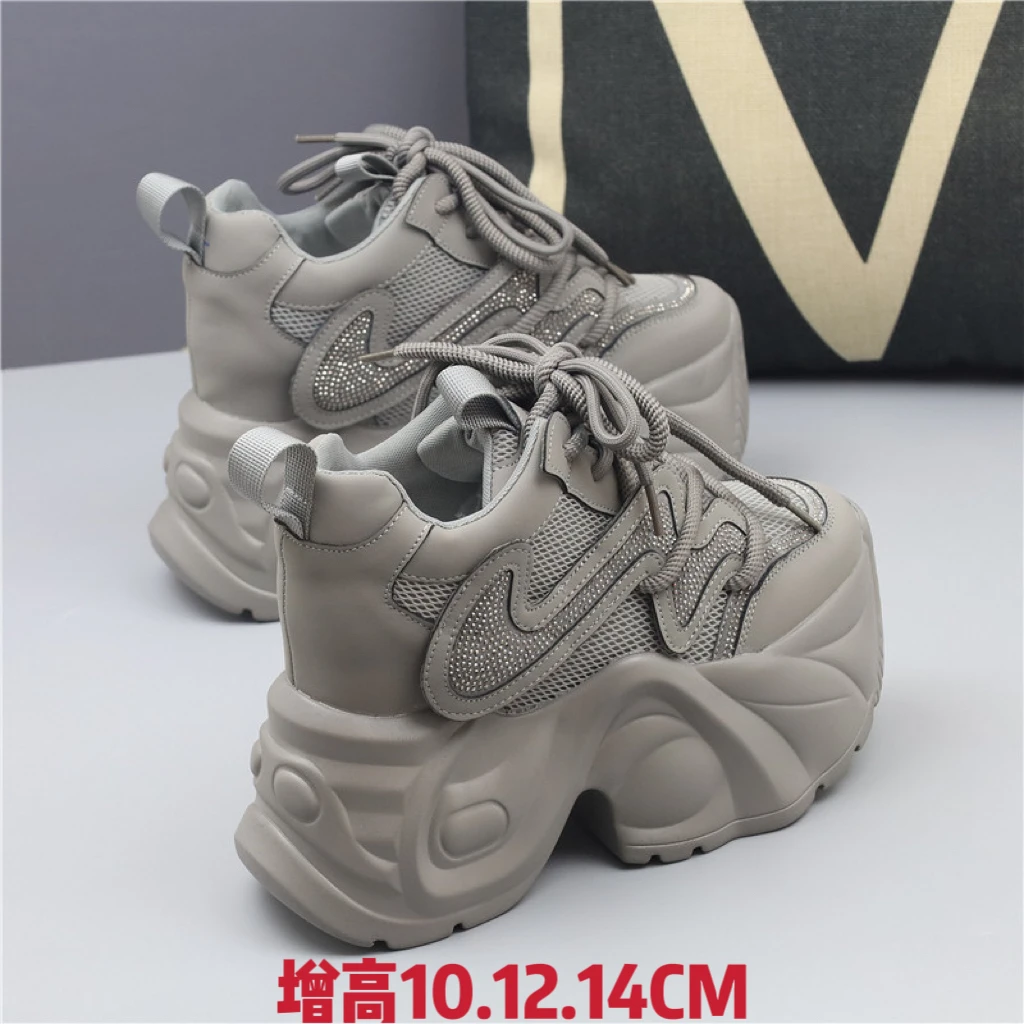 增高14CM灰色老爹鞋女秋季新款超高12cm厚底小个子10cm松糕休闲鞋