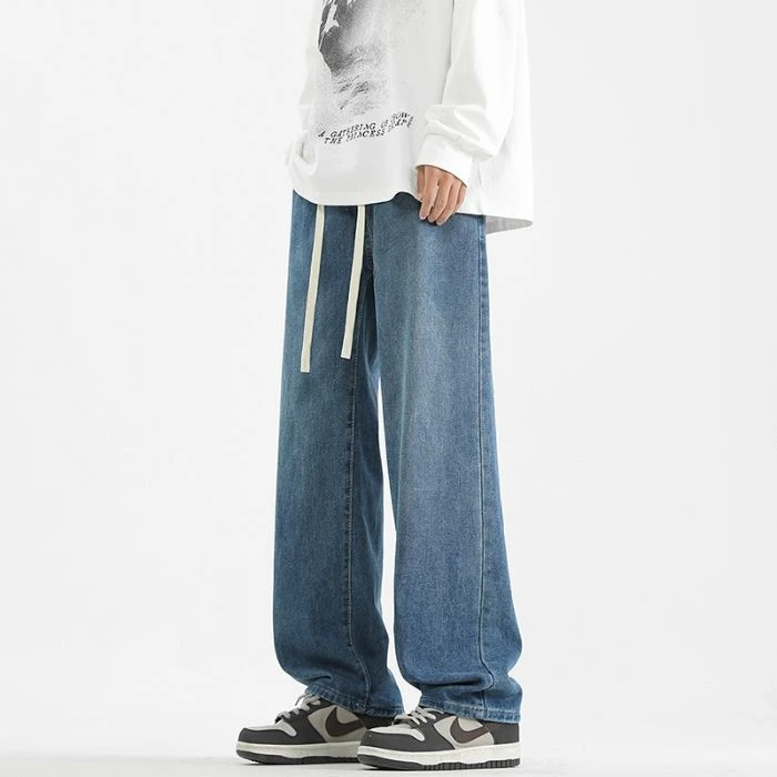 丹保尼2025春季韩版潮男宽松直筒牛仔裤系带阔腿加绒长裤复古蓝黄