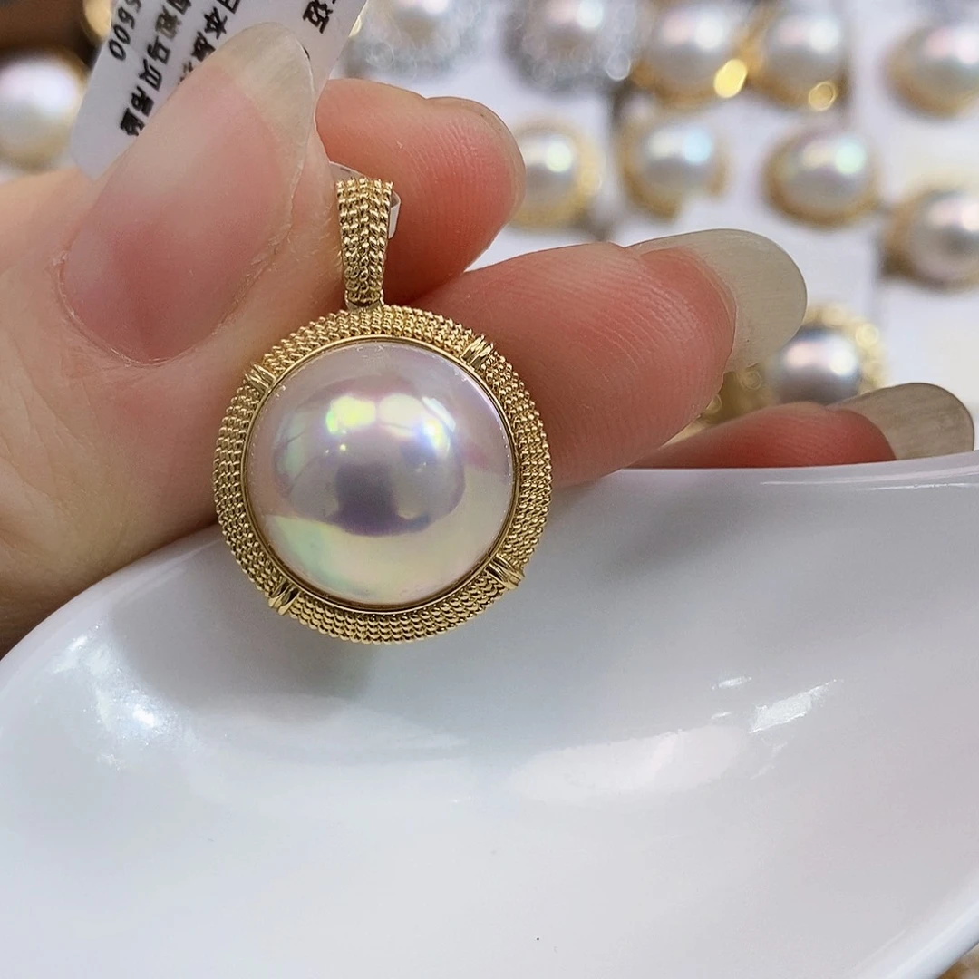 18K金镶嵌18k金日本原装成品马贝极光炫彩粉泡泡拼合珍珠（