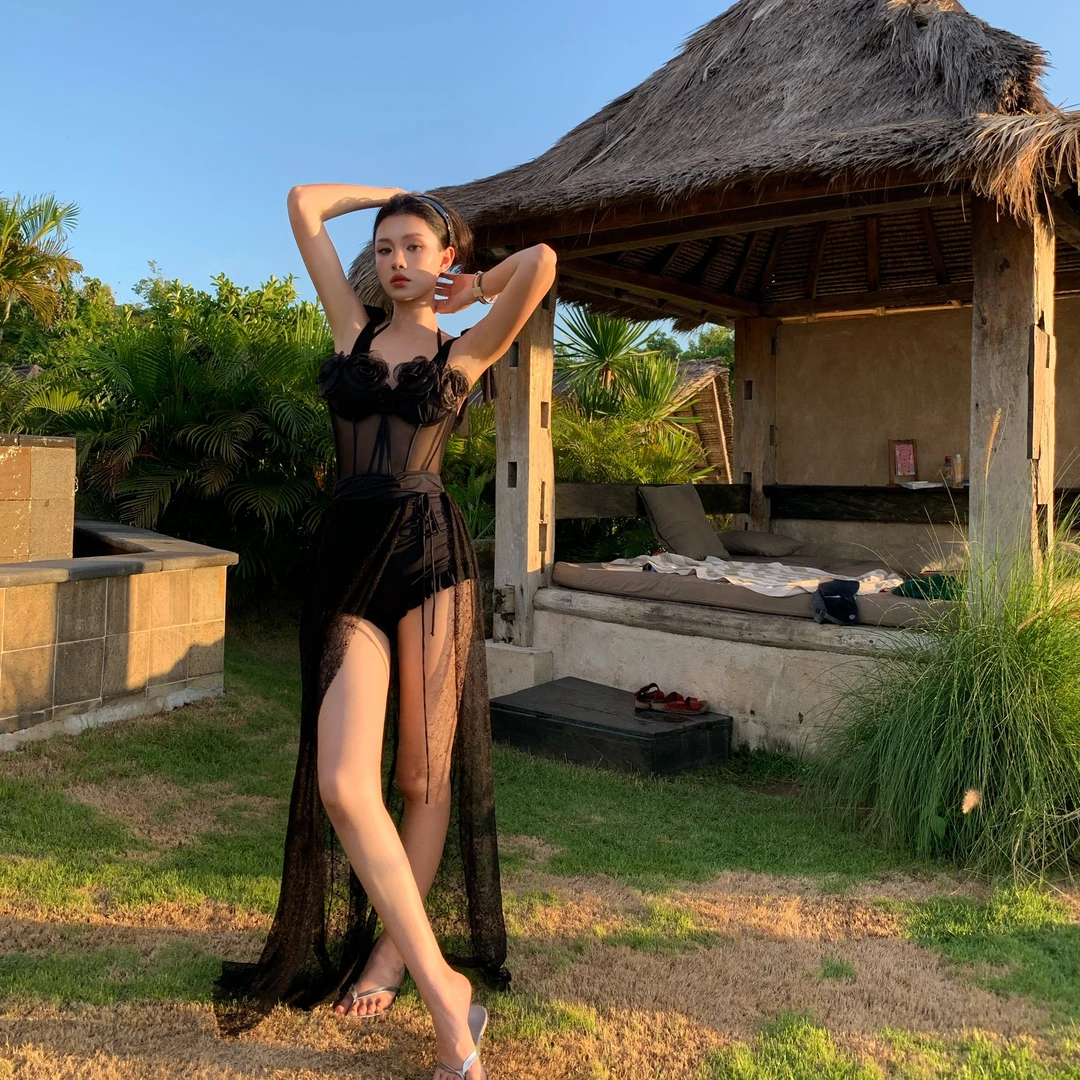 海岛度假氛围感连体泳衣两件套沙滩长裙拍照出片度假泳装2355