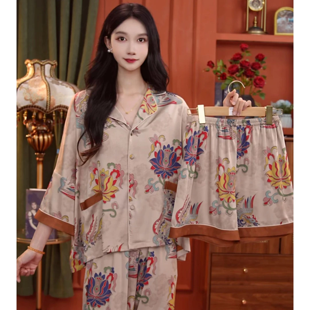 琪琪家【步步生莲】舒适睡衣女士套装可外穿家居服七分袖三件套BQQ