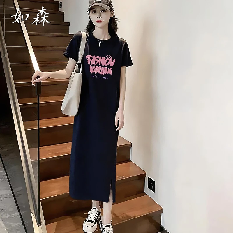 高个子正肩显瘦连衣裙长裙到脚踝夏季懒人贵系短袖宽松长款T恤裙