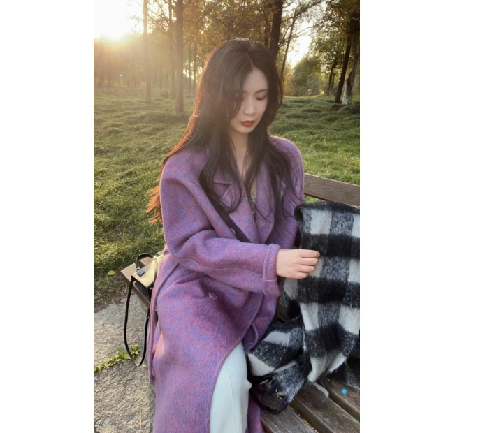 【周大星定制】桑蚕丝兔毛羊毛大衣双面宽松中长款系带六粒扣A887-1