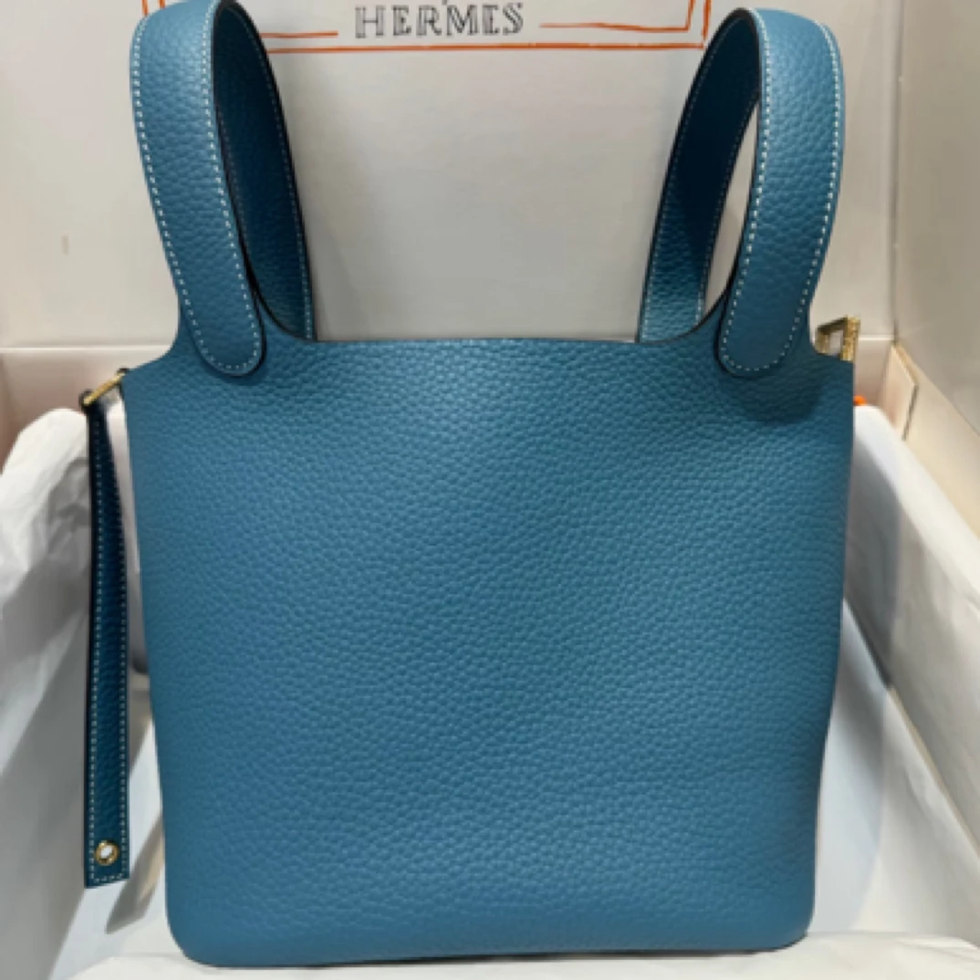 99新 Hermes/爱马仕 菜篮子26牛仔蓝银扣tc皮o手提包