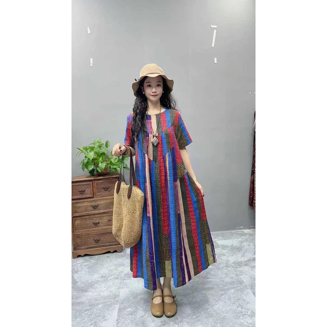 5018夏季新款清凉气质时尚复古遮肚宽松女显瘦百搭圆领休闲连衣裙