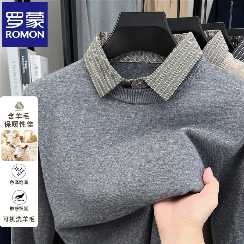 【含羊毛】罗蒙时尚条纹翻领长袖毛衣秋冬季韩版假两件男士针织打底