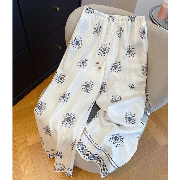 胖mm240斤大码复古高级感松紧腰阔腿裤女夏季度假风宽松直筒长裤