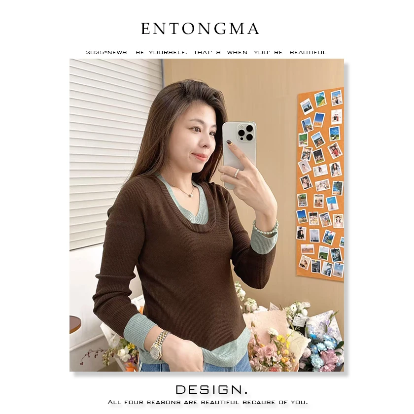 ENMAV常规款V领衫撞色修身薄款针织衫