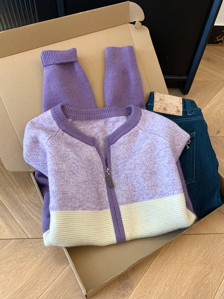 法式高级感撞色拼接双拉链圆领针织开衫毛衣外套女秋季设计感上衣