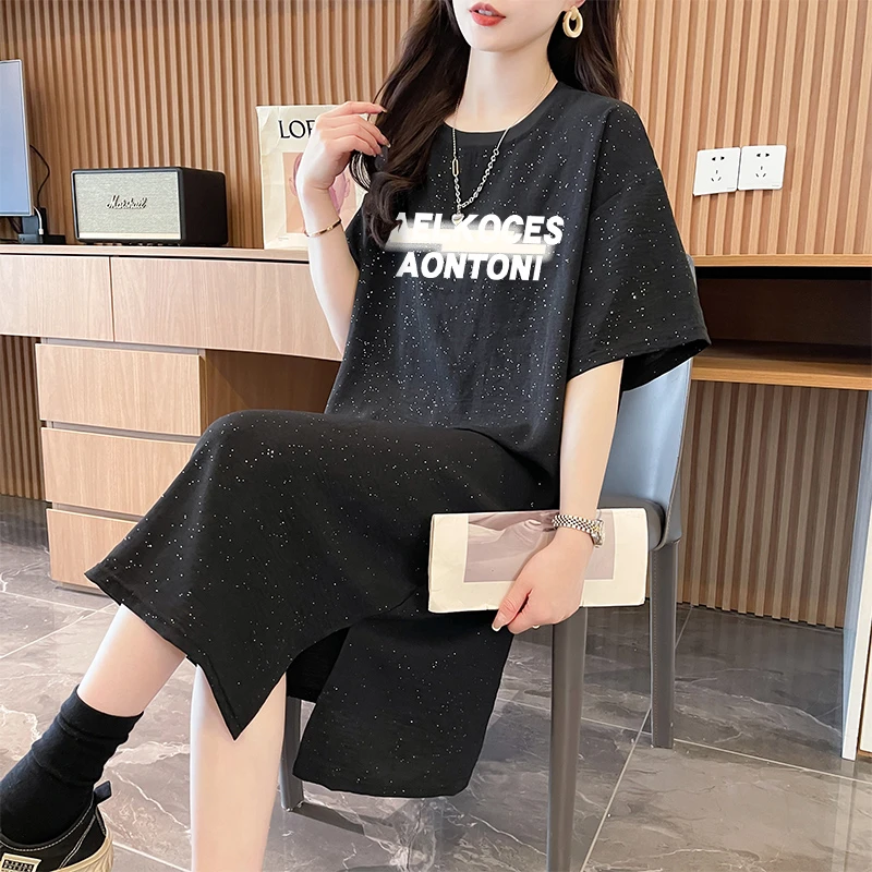 美式复古T恤裙女夏季韩版宽松百搭时尚大码显瘦遮臀亮闪闪连衣裙
