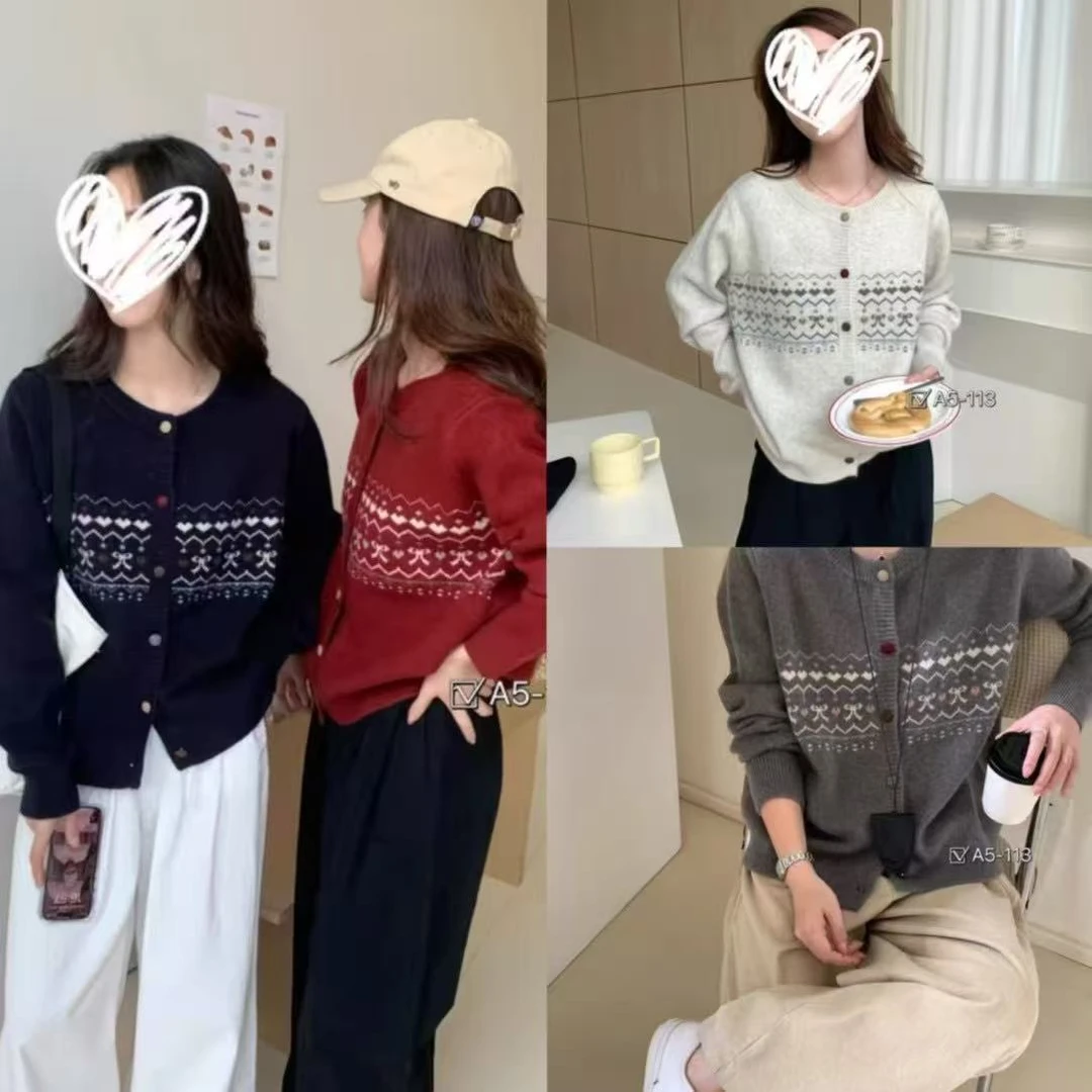 秋冬软糯韩系复古提花宽松保暖系扣针织开衫女毛衣女外套上衣6638