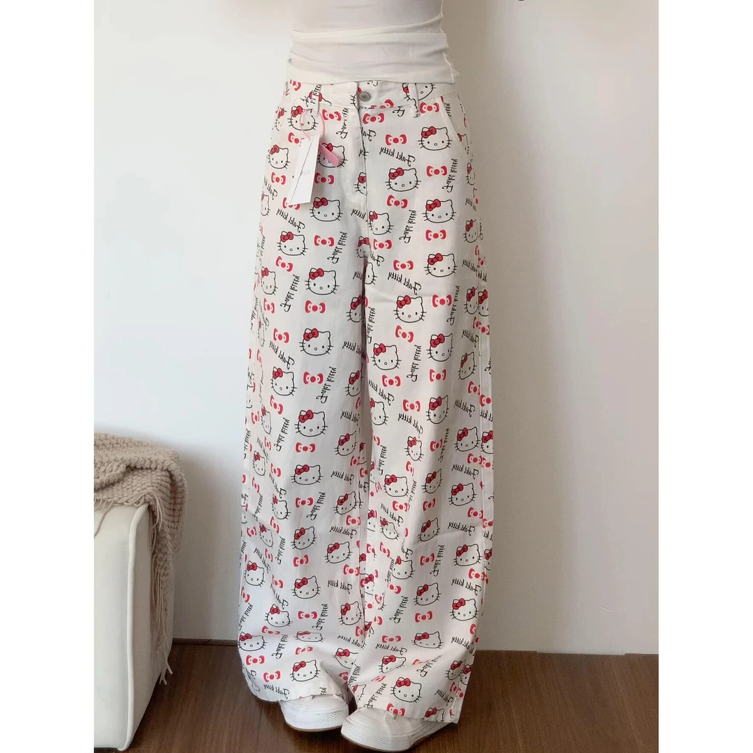 白色Kitty猫咪印花牛仔裤女夏季新款阔腿宽松显瘦设计百搭长裤子