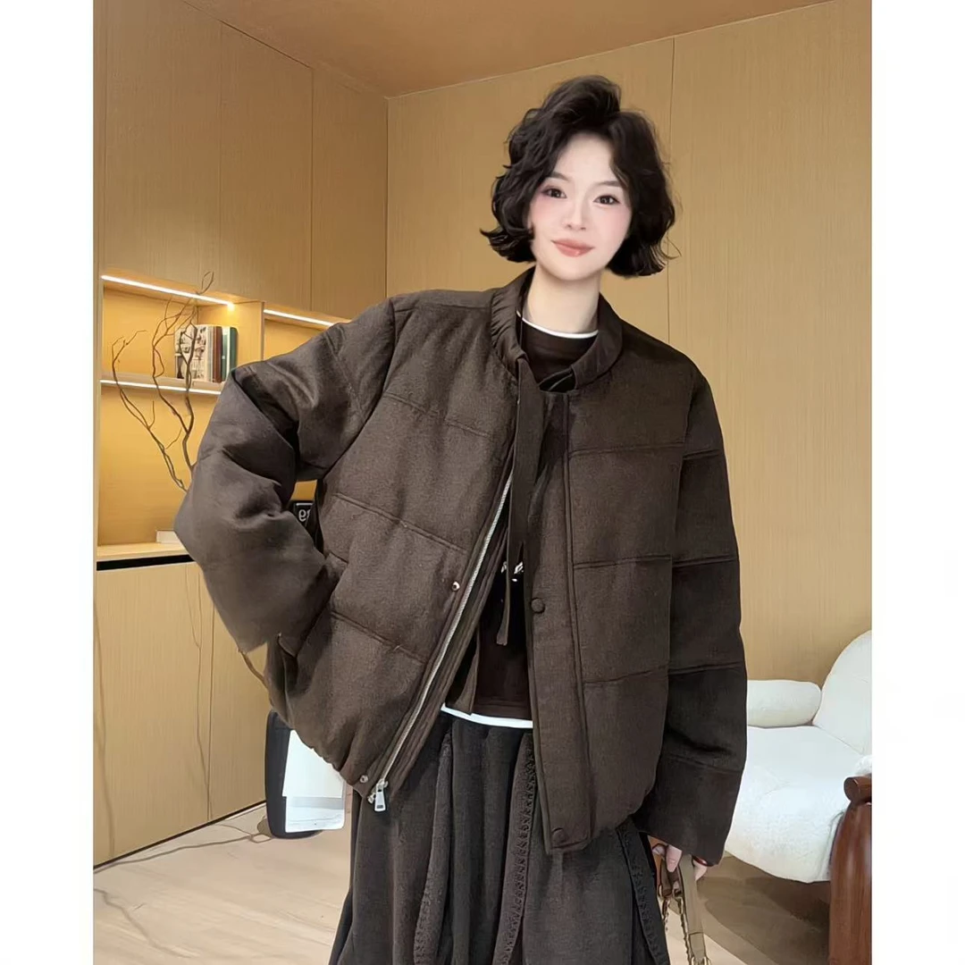 欧尼私服 2025短款 极简百搭丝绒飘带分隔压绒羽绒服 2510C6946