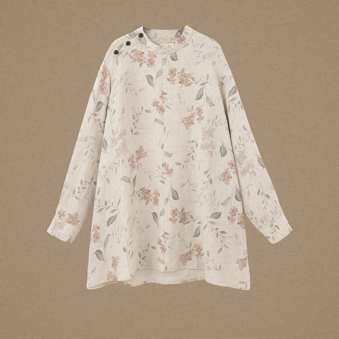 【以之】设计师品牌原创立领复古宽松大版亚麻印花上衣下摆开叉小衫