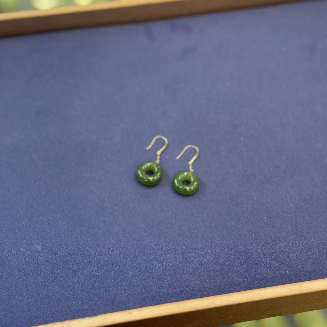 宋雅天然和田玉碧玉平安扣18K金耳饰新中式（多样性发其一）