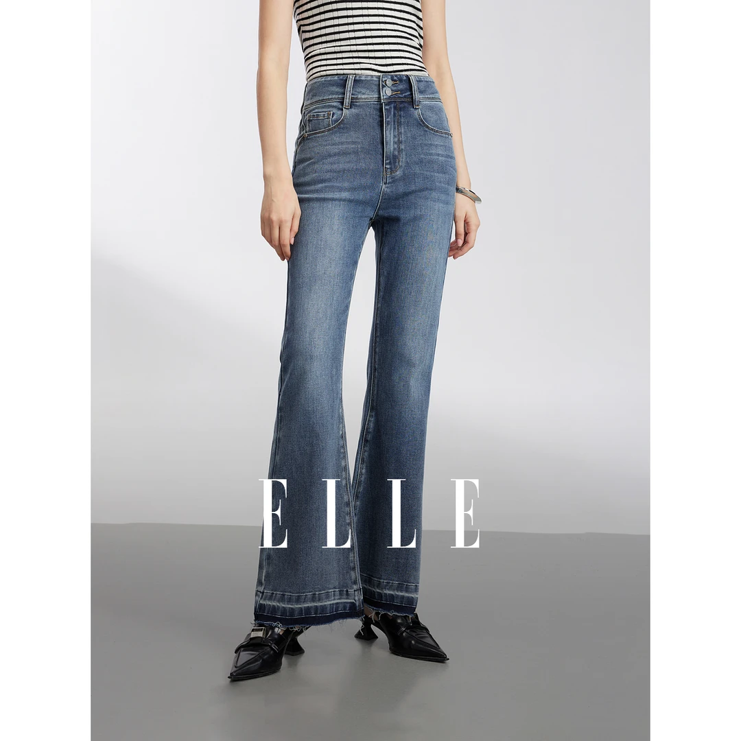 ELLE复古高腰微喇牛仔裤女2025春季欧若风小个子长裤子EQ50596