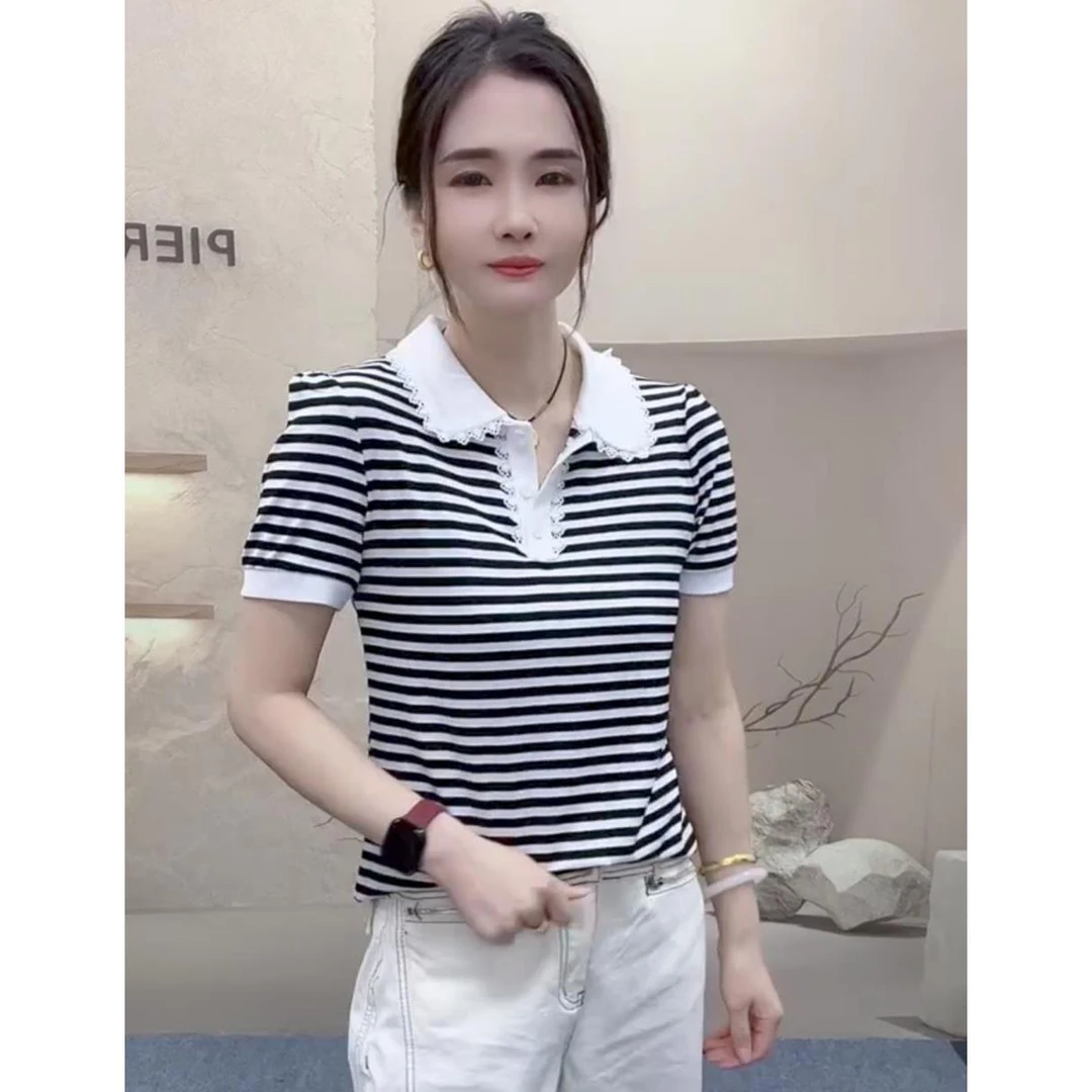 2025夏季新款女士蕾丝拼接polo领撞色条纹短袖t恤洋气休闲上衣服