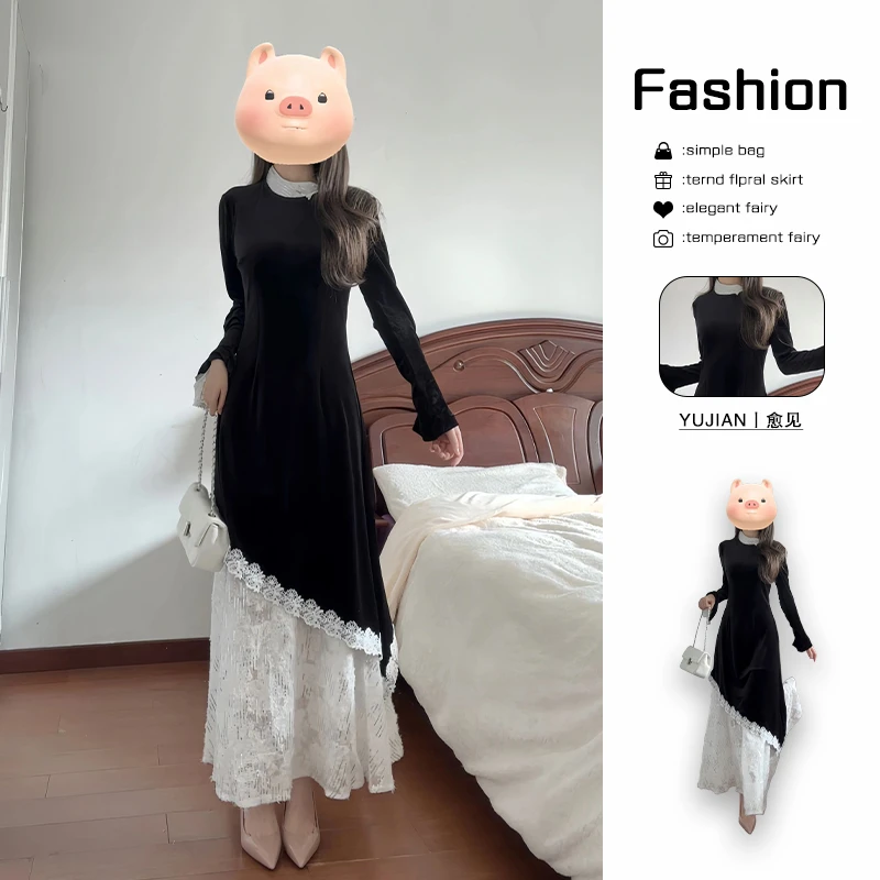 新中式改良版旗袍连衣裙2025新款爆款大码复古风黑色显瘦丝绒长裙