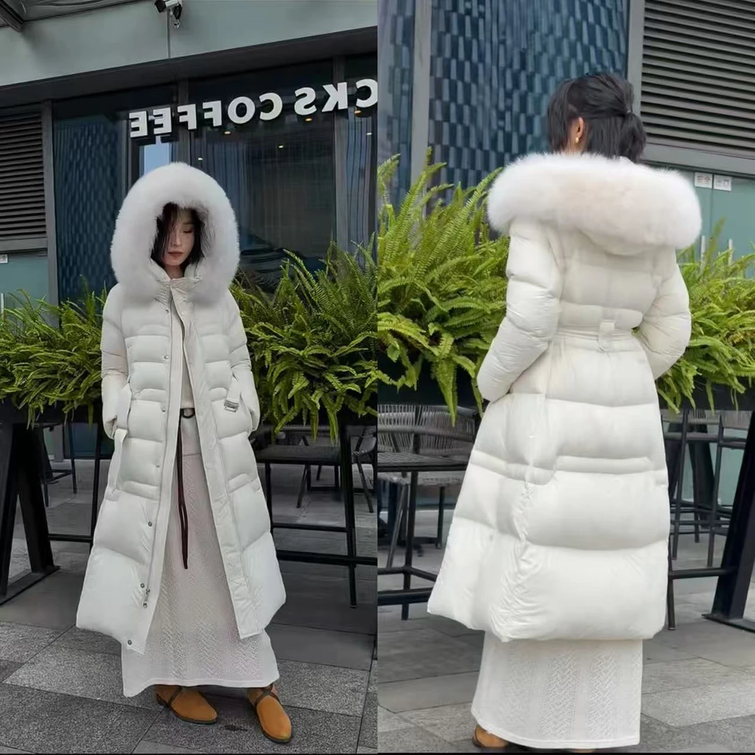 TYNS【25120】韩系冬季超轻超保暖鹅绒毛领连帽收腰腰带长版羽绒服