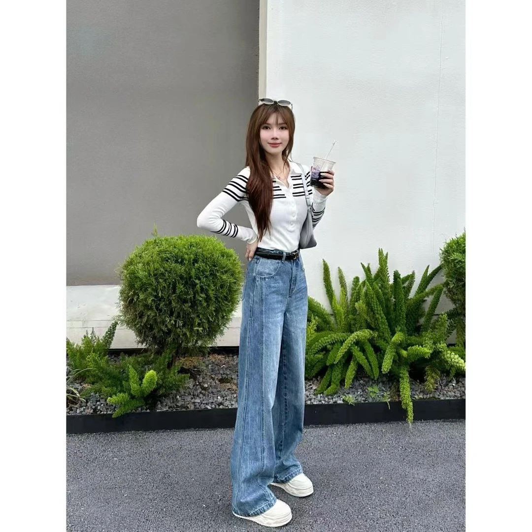 高腰显高显瘦斜拼解构造型直筒阔腿裤女牛仔加长浅色-Y005