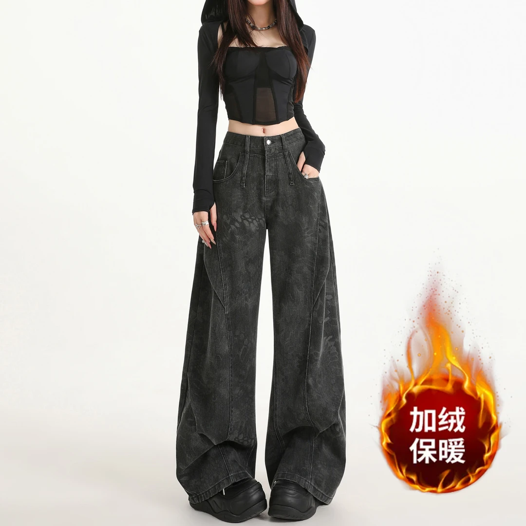黑灰色加绒工装阔腿牛仔裤女秋冬2025新款高腰显瘦印花直筒弯刀裤