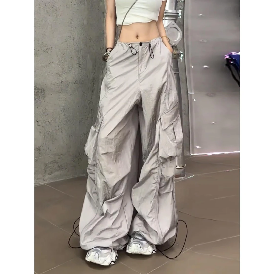 美式夏季薄款休闲工装裤阔腿裤女宽松显瘦抽绳束脚两穿百搭拖地裤