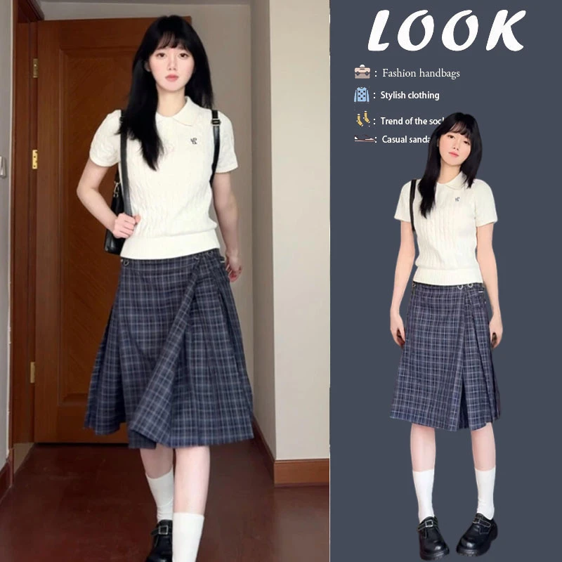 夏季穿搭一整套2025新款韩版显瘦短袖T恤百搭格子半身裙两件套装