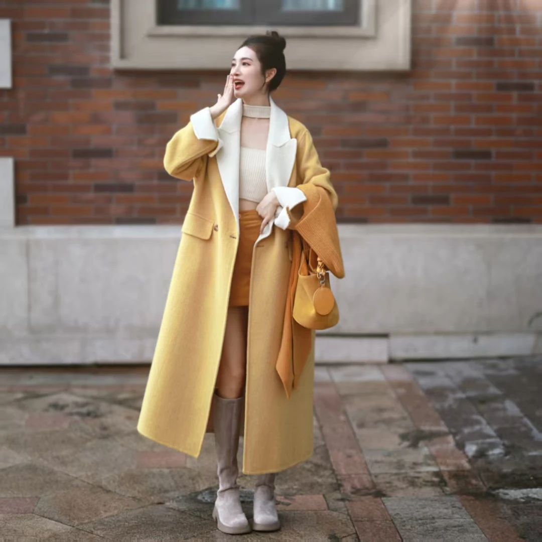 秋冬穿搭手工双面呢羊绒羊毛大衣女时尚休闲外套长款韩版枪驳领3