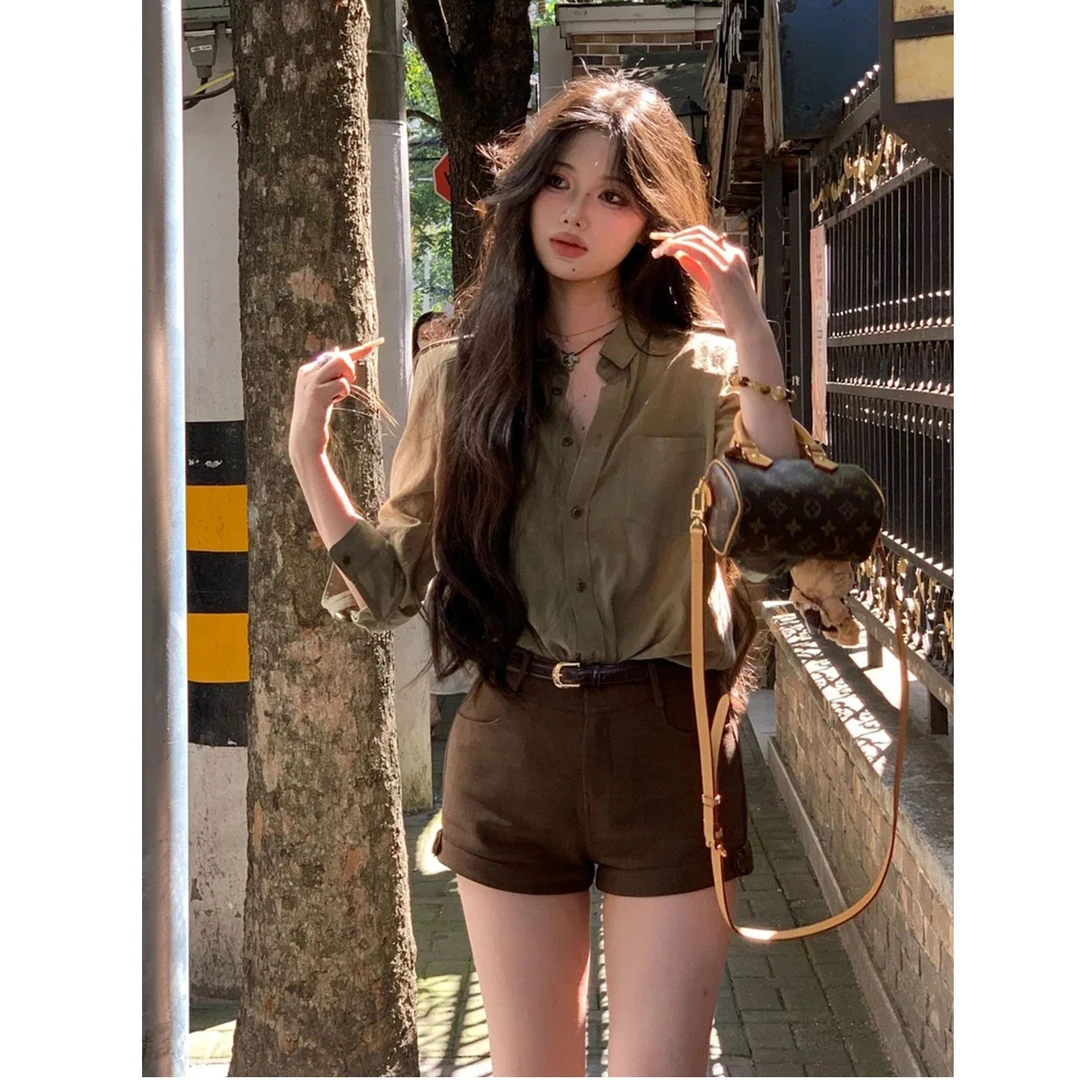 【松弛主义】韩系复古风宽松单排扣翻领长袖工装衬衫+短裤套装