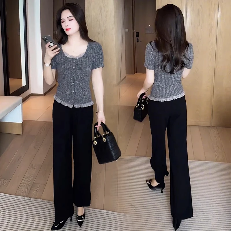 时尚洋气套装女2025夏季新款设计感短袖T恤上衣阔腿裤显瘦两件套