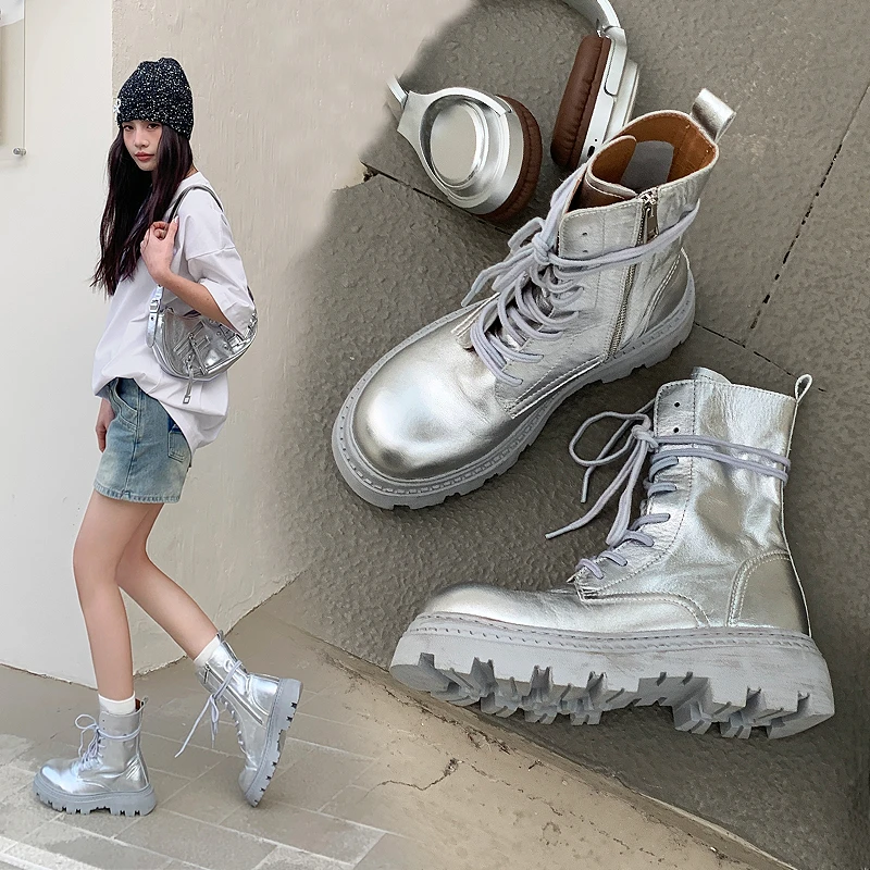 水洗软皮马丁靴女款2025新款春季薄款短靴女真皮透气银色靴子夏季
