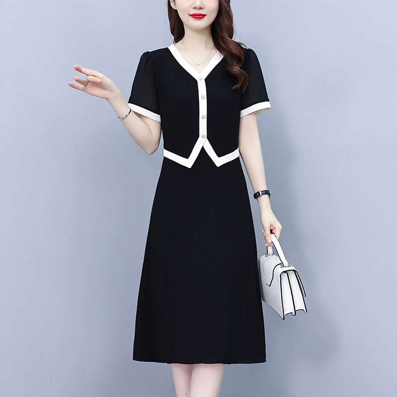 2025新款大码女装连衣裙雪纺拼接假两件显瘦赫本风小黑裙