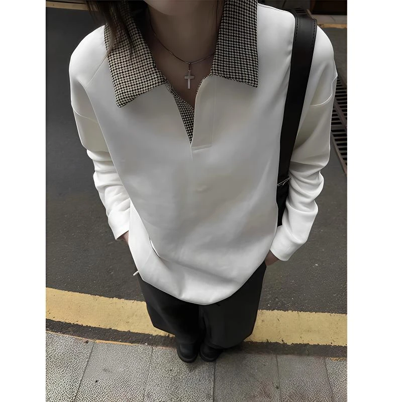 白色cleanfit千鸟格拼接长袖T恤男重磅Polo衫卫衣美式内搭打底衫