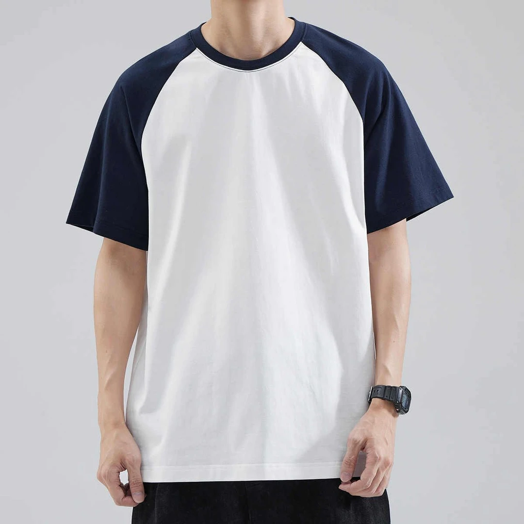 重磅纯棉男款短袖t恤美式休闲宽松插肩撞色拼接港风复古潮男上衣