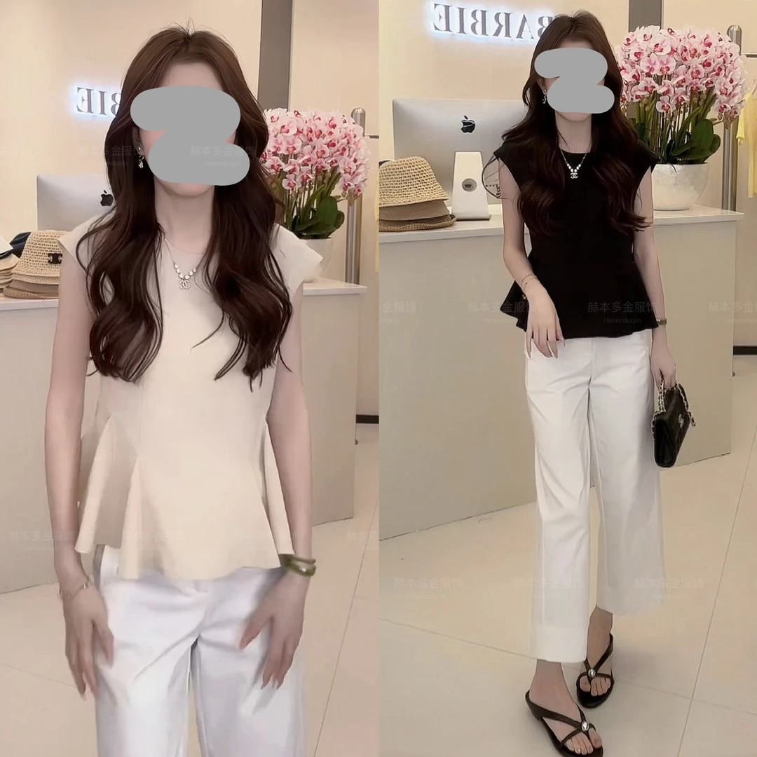 2025夏季简约小众荷叶边无袖上衣显瘦百搭休闲九分裤气质套装女