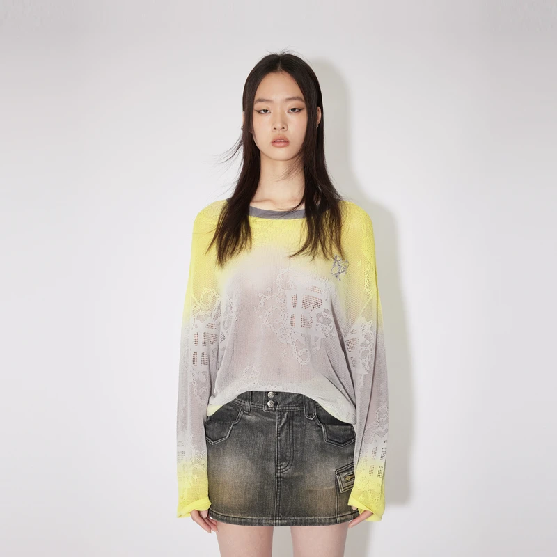 REVAN芮范慵懒灰黄染色渐变毛衫长袖针织衫RM30601264