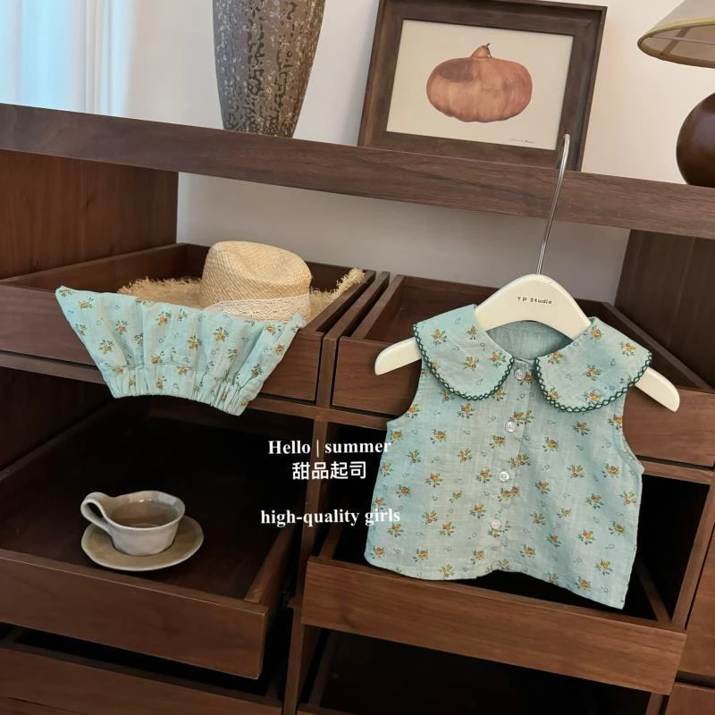 女童套装2025新款夏季儿童洋气时髦碎花娃娃领开衫衬衣短裤两件套