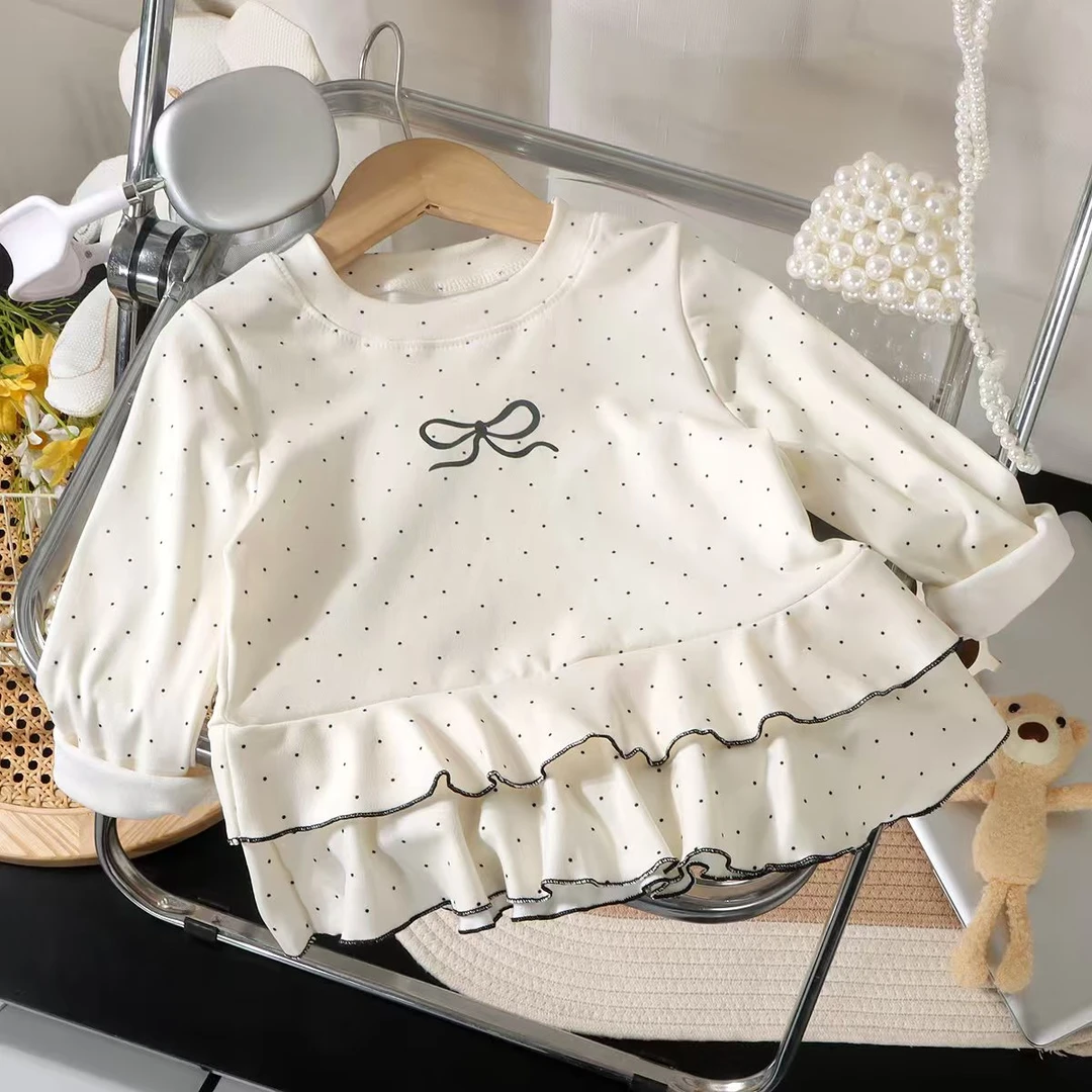 2025年春秋女童新款韩版荷叶边打底长袖圆领蝴蝶结上衣