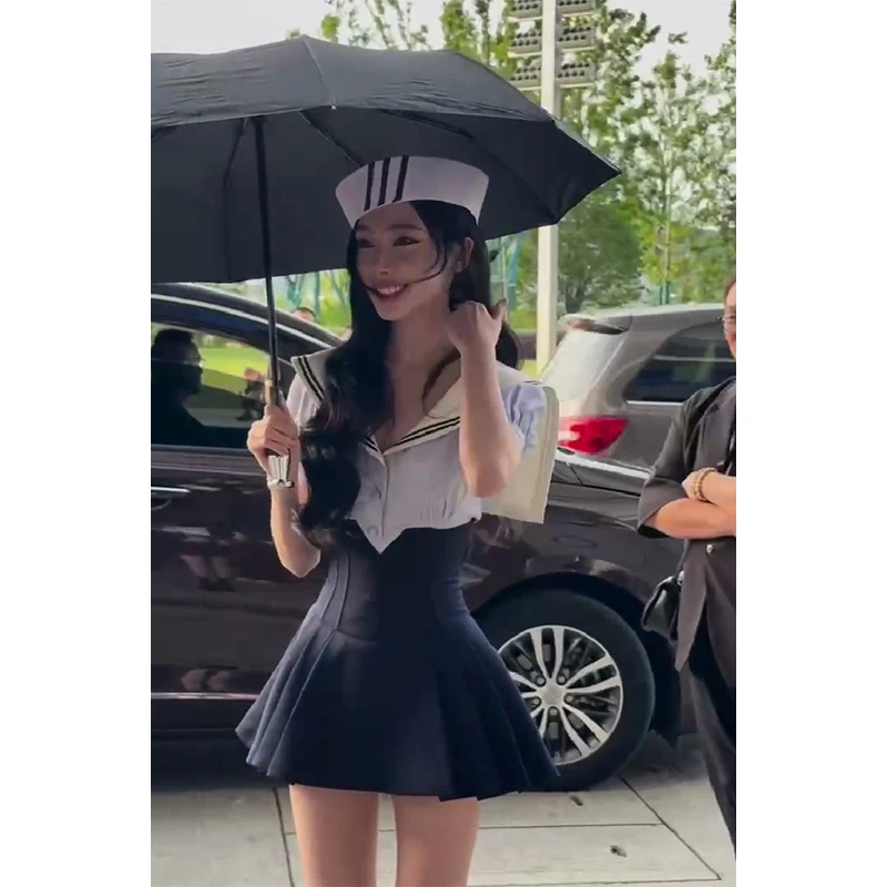 学院风JK套装女修身短袖衬衫气质设计感上衣束腰显瘦减龄百褶短裙