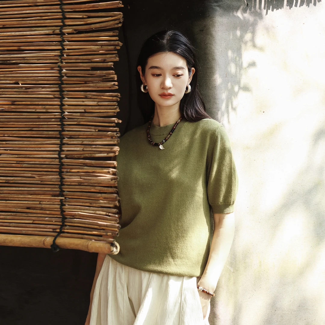 绽放旅行女装525朵/早秋新款纯羊毛圆领短袖T恤毛针织衫上衣女