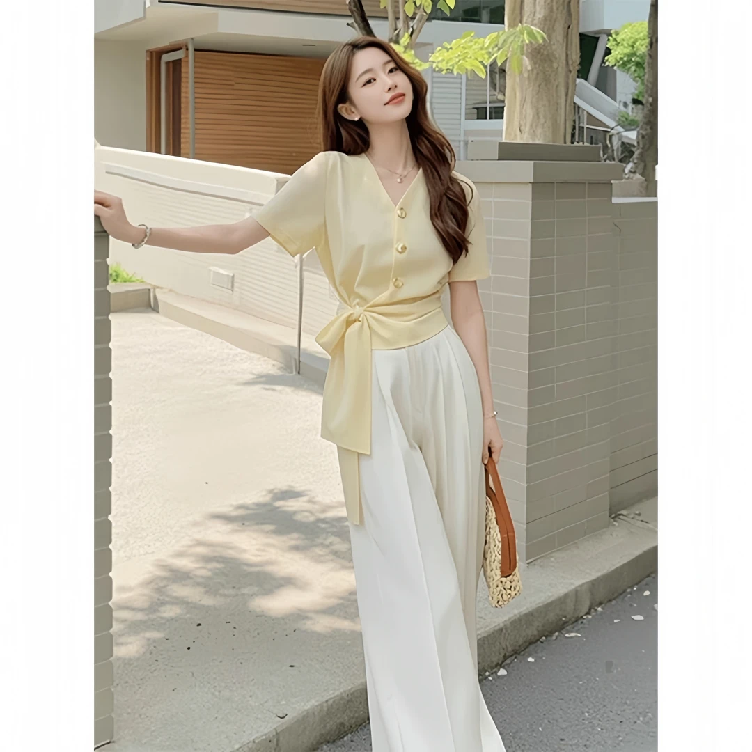 夏季女装套装2025新款系带雪纺短袖衬衫上衣设计感小衫时尚休闲裤