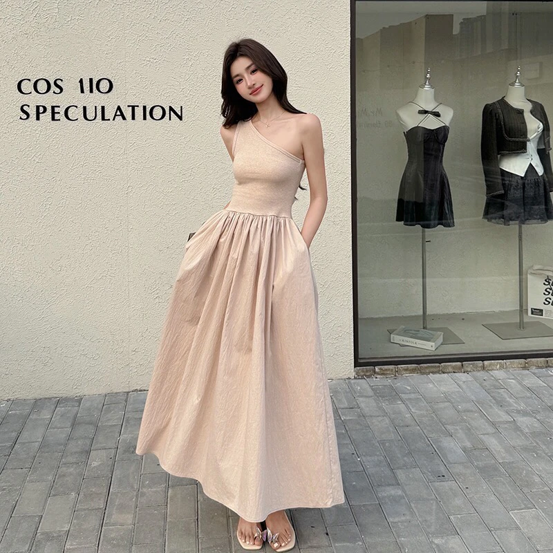 法式V领针织连衣裙夏季气质显瘦收腰斜肩无袖拼接褶皱大裙摆长裙