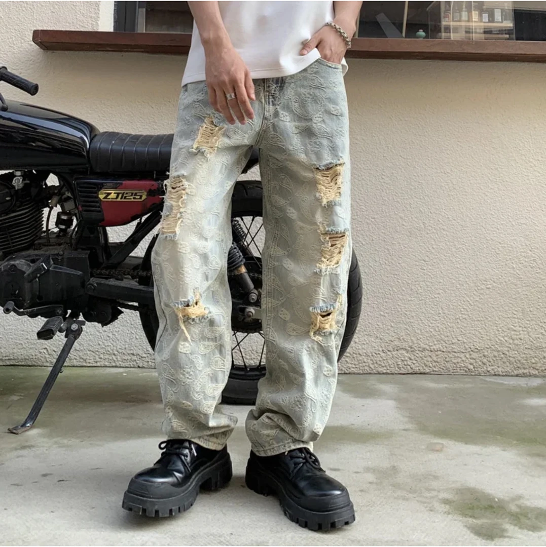 2533#糯米同款！某物199！水洗做旧复古腰果花破洞牛仔裤男女