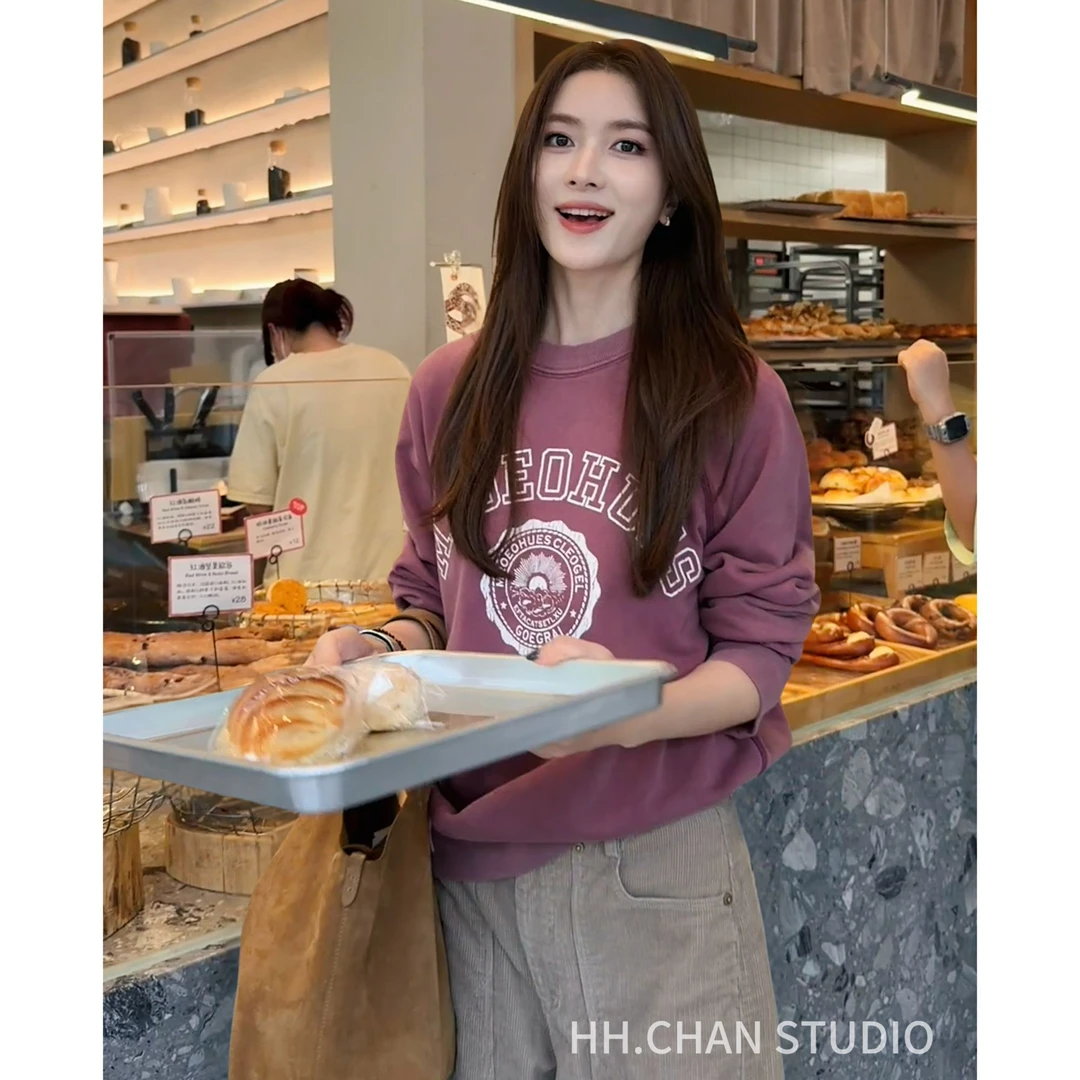 HH.CHAN“葡萄汽水”100%棉美式复古炒盐圆领葡萄色卫衣HH53H38576