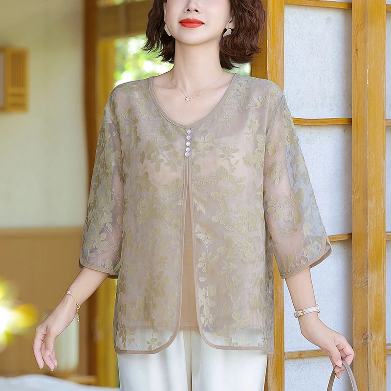 罗蒙中年妈妈夏装时尚短袖T恤衫套装中老年人女装高档小衫两件套