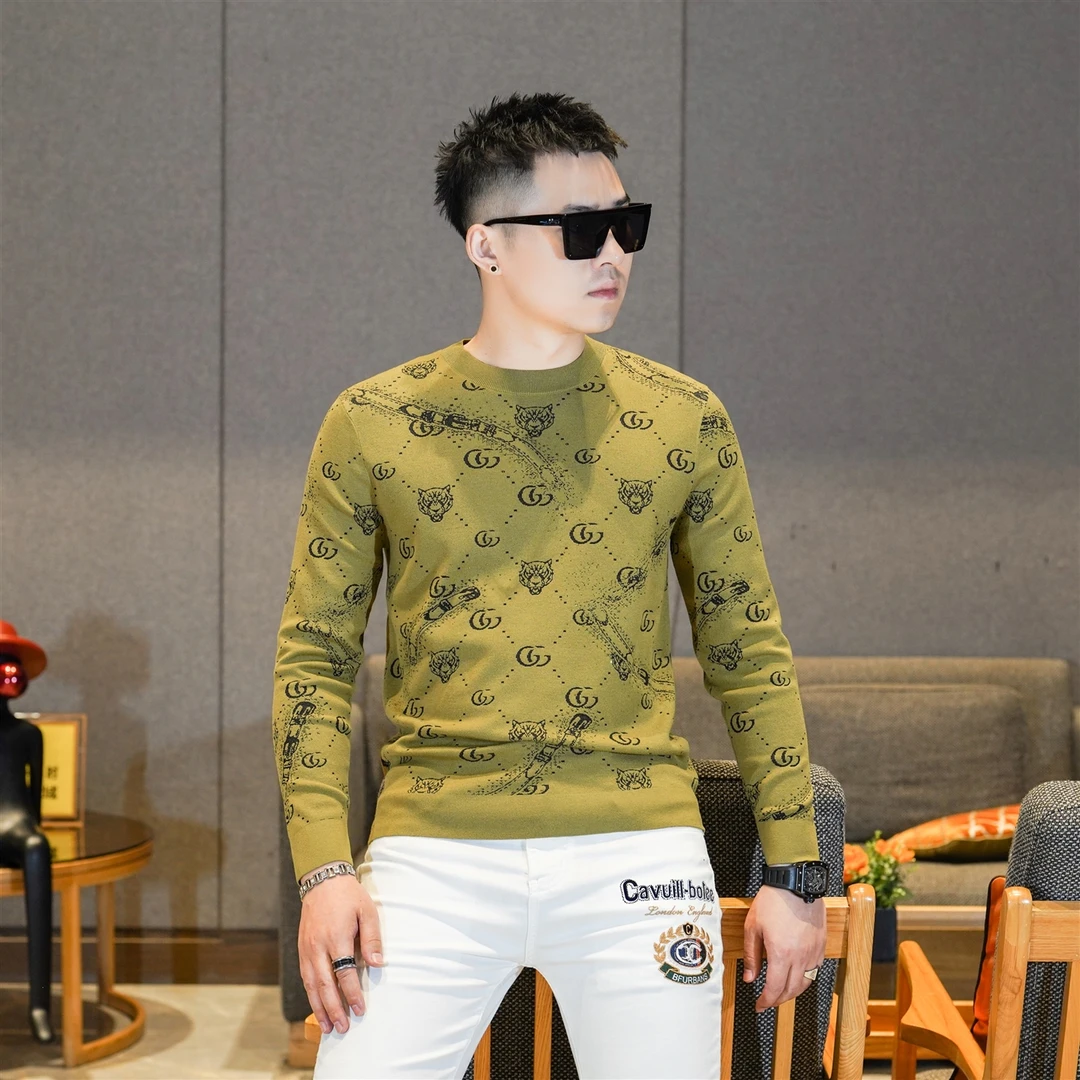 轻奢2025秋冬新款圆领桑蚕丝混纺针织长袖T恤男字母提花欧货89170