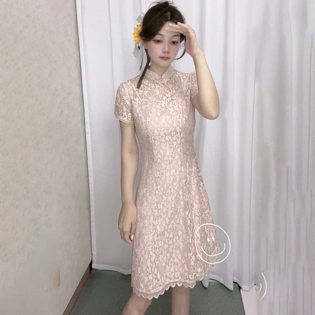 2025夏季新款蕾丝旗袍改良新中式连衣裙女复古显瘦修身裙子少女1
