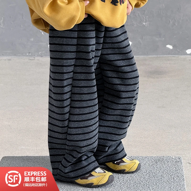 253618儿童冬款加绒洋气百搭潮流条纹宽松休闲长裤