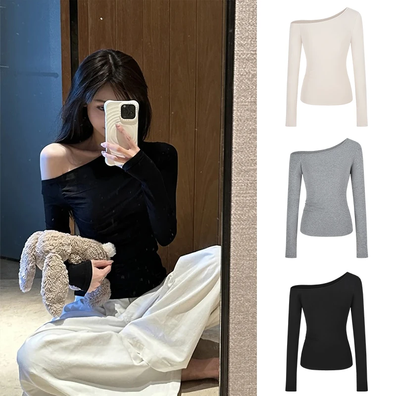 2025韩版早秋新款设计感气质斜肩长袖T恤女修身显瘦露肩纯色上衣